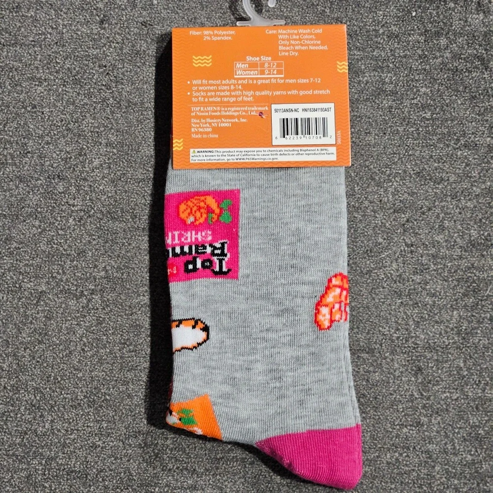 Nissin Top Ramen Crew Socks Mens Grey Multicolor Food Novelty One‎ Size NWT
